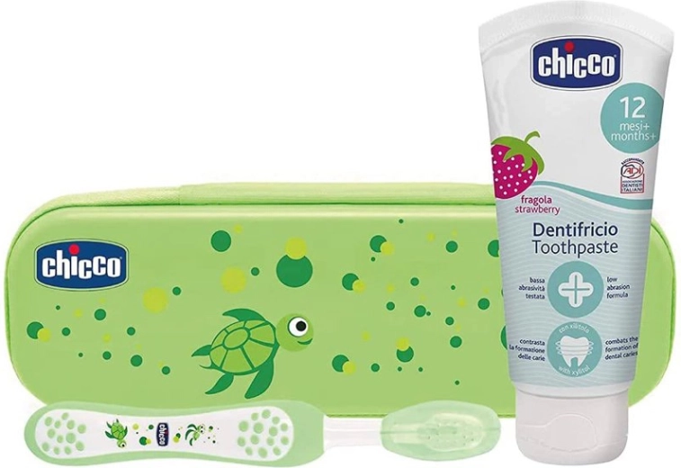 Chicco set brosse à dents et dentifrice au fluor dans un étui Always Smiling, vert, 12m+