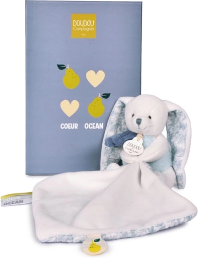 Coffret cadeau Doudou – lapin en peluche avec couverture 10 cm, bleu