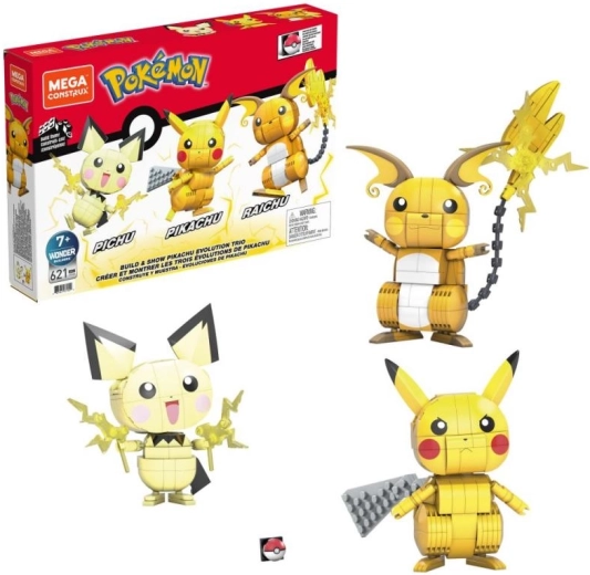 MEGA CONSTRUX CONSTRUIS ET EXPOSE PIKACHU ET SON TRIO D’ÉVOLUTIONS