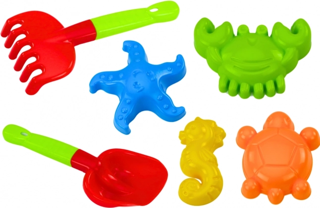 Zandenset met schep, hark en vormpjes