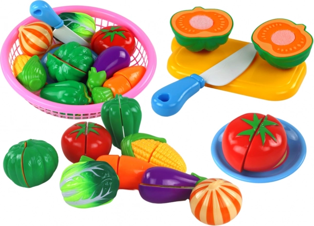 Vegetable set with hook-and-loop in a basket, 8 pieces with plate and knife