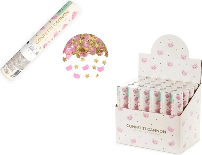 Canon à confettis avec étoiles dorées et confettis roses en forme de petits chats, 20 cm