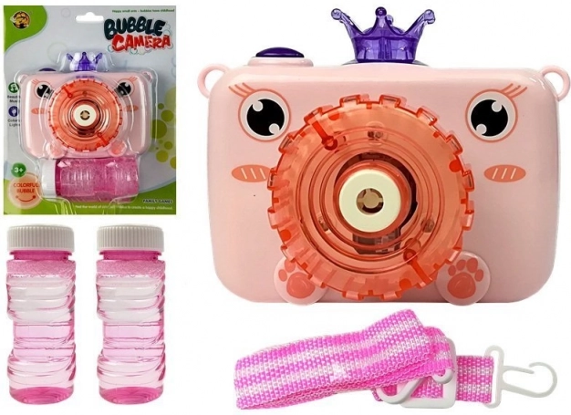 Pink bubble camera toy for kids, battery-powered
