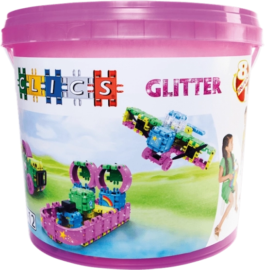 Clics Glitter bouwset in een emmer 8-in-1 – 175 onderdelen