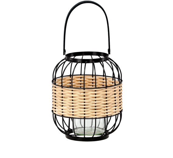 Lanterne métal-bois avec insert en verre, hauteur 24/39 cm