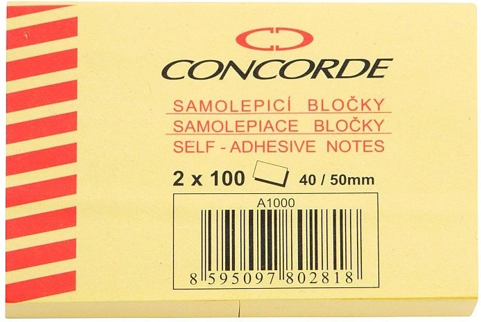 Self-adhesive notepad yellow 40 × 50 mm CONCORDE, 2 × 100 sheets