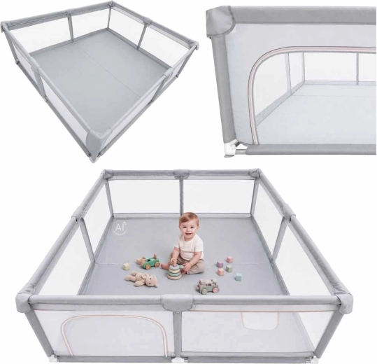Foldable baby playpen with side zip entrance 180 × 200 cm, gray
