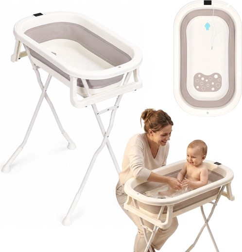 Ecotoys foldable baby bathtub on a stand with drain and LCD thermometer