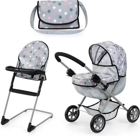 Bayer doll stroller set with high chair and bag, gray with stars
