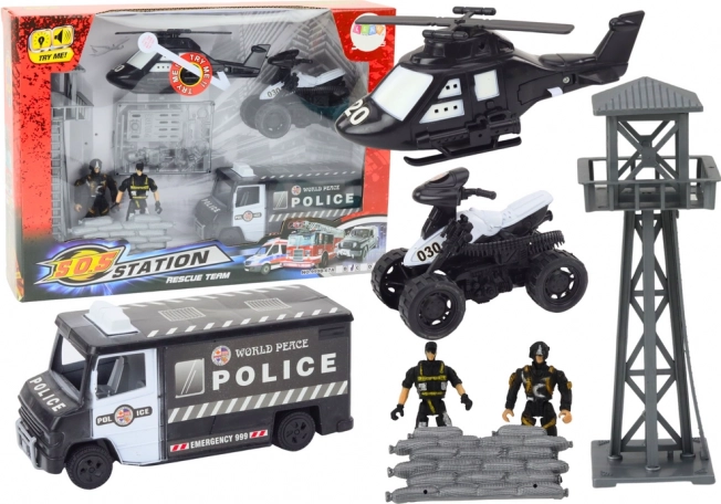 Station de secours de police avec sons et lumières – voiture, quad, hélicoptère et figurines