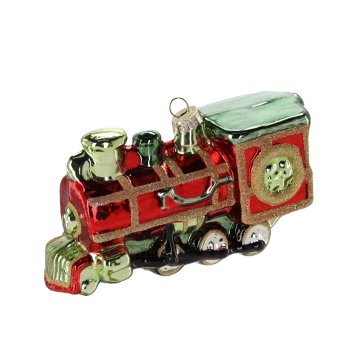 Glazen kerstornament locomotief in rood, groen en goud