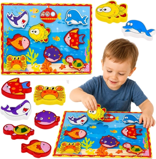 Ensemble de pêche magnétique en bois avec animaux marins et canne à pêche