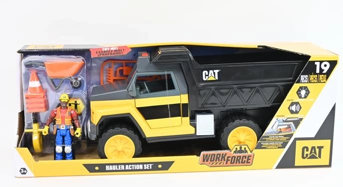 Camion-benne de chantier CAT avec effets, 34 cm, figurine et accessoires