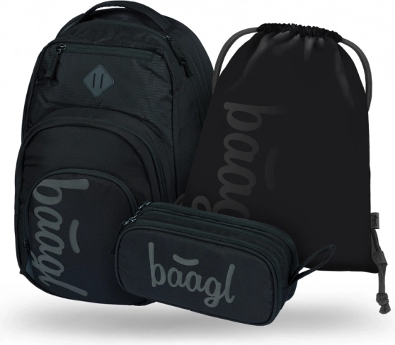 Baagl set with three black items: backpack, pencil case and bag