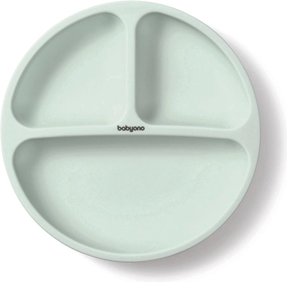 BabyOno silicone plate with suction, divided – sage green, 6m+