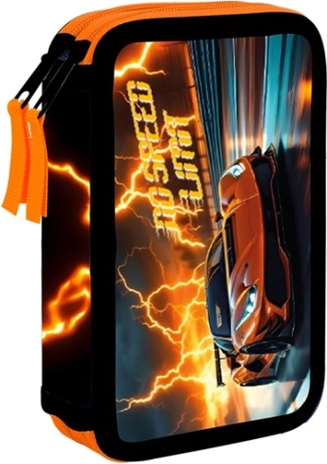 Two-tier school pencil case with car motif, empty