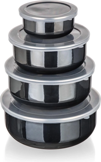 Set of Enamel Bowls with Lids METALIC Black, 8 Pieces