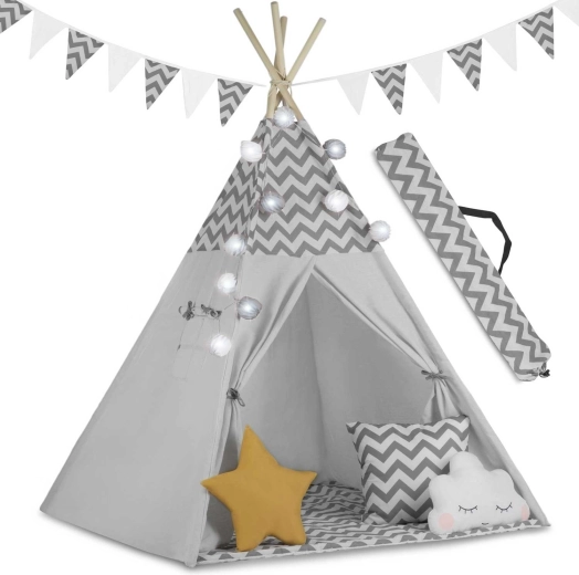 Tipi pour enfants avec guirlande lumineuse Nukido – gris