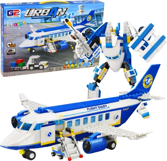 Kit de construction 2-en-1 avion de passagers et robot avec lumières, 417 pièces