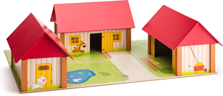 Ferme en bois avec trois bâtiments et tapis de jeu