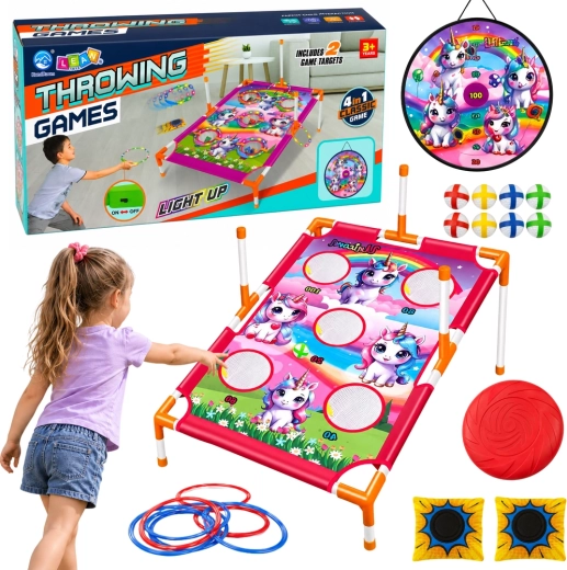 Kinder werpspel op doel 4-in-1 met eenhoorns – doelwit, scorebord, ringen en frisbee