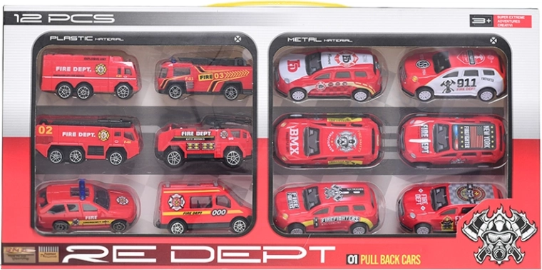 Set van 12 brandweerautootjes met vrije loop en terugtrekmotor