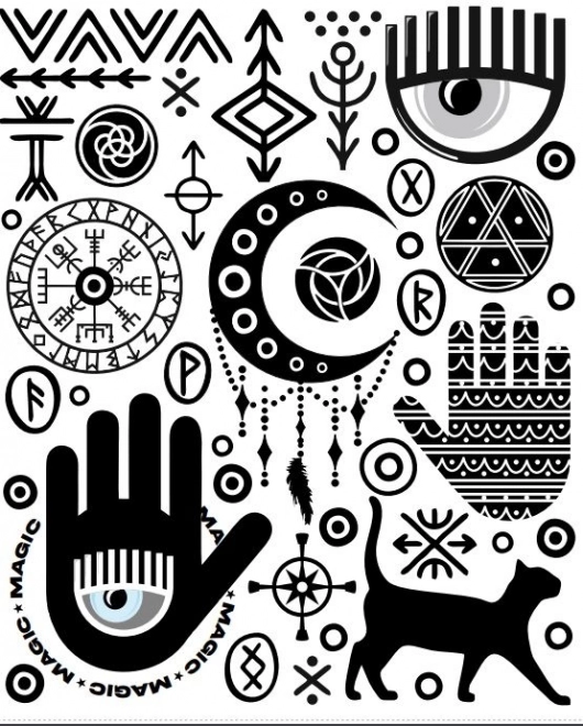 Strijkpatches – mystieke symbolen, groot vel 20 × 30 cm