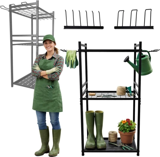 Support en métal pour outils de jardin avec crochets et étagères LUARO