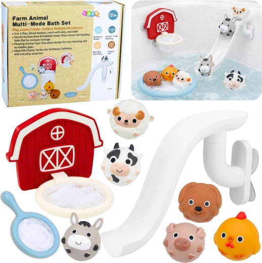 Set de bain ferme – petits animaux, toboggan, panier et épuisette, 10 pièces