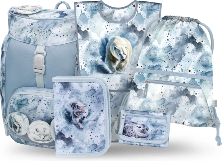 Schoolset BAAGL Airy Polar 5-delig: rugzak, etui, zak, schort en portemonnee van gerecyclede materialen