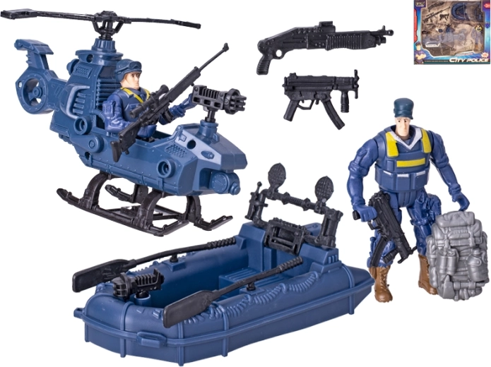 Set de police avec hélicoptère et bateau, figurines et accessoires