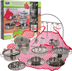 Metal kids’ kitchen set, 23-piece with cookware, utensils and chef’s apron