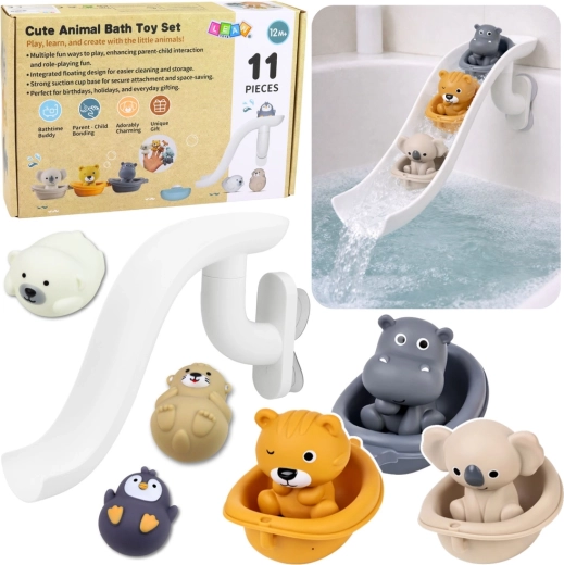 Bath toy set with animals in little boats and a water slide, 11 pieces