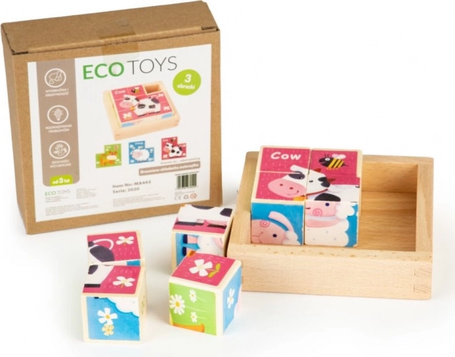ECOTOYS wooden blocks with animals, 8 blocks