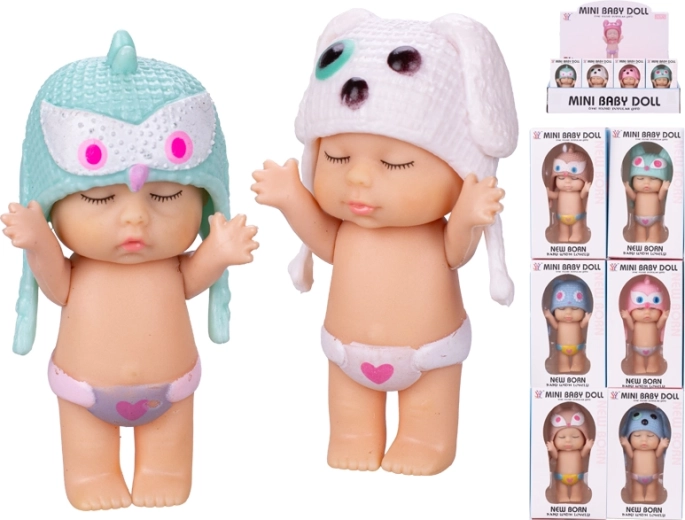 Baby doll 8 cm with animal hat, 12 variants