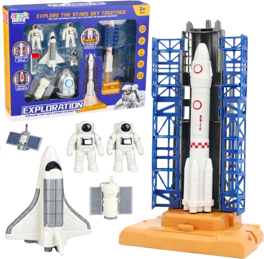 Set spatial avec fusée, tour de lancement et astronautes
