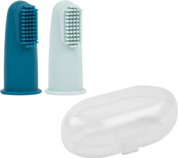 Nattou brosse à dents de doigt en silicone avec étui, petrol blue/aqua blue, 2 pcs