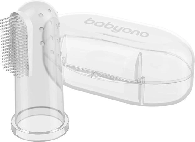 Brosse à dents en silicone pour doigt avec étui BABYONO – transparente