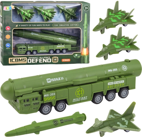 Military set with rocket launcher, truck, and pull-back fighter jets