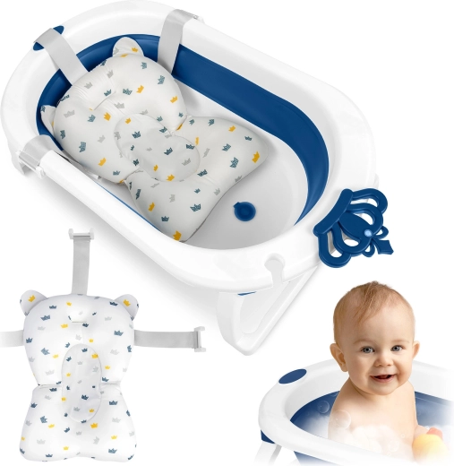 Opvouwbaar babybadje met newborn-inzet, wit‑blauw