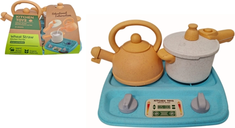 Keukenset met kookplaat, theepot en pan van tarwestro