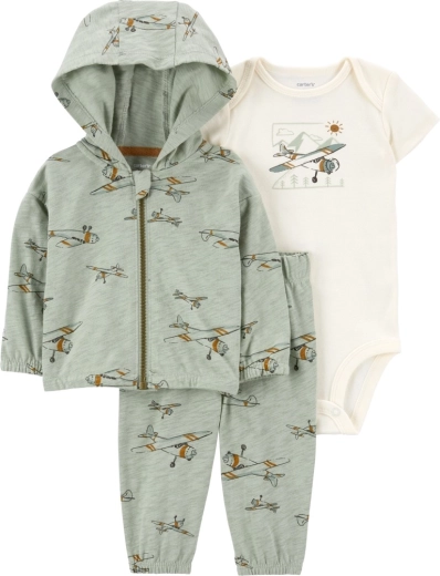 Carter’s 3-piece set for boys with hoodie and airplane, bodysuit and sweatpants, green (size 56)