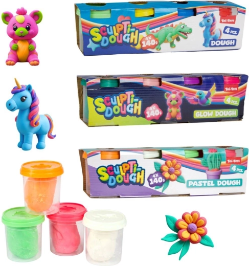 Klei 4×140 g in bekers – klassiek, pastel of lichtgevend