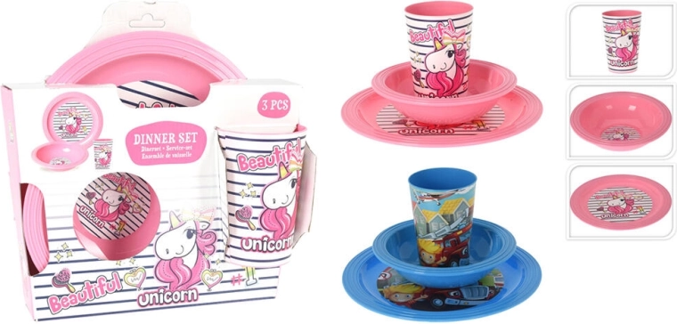 Set repas enfant 3 pièces en plastique – assortiment de couleurs et motifs