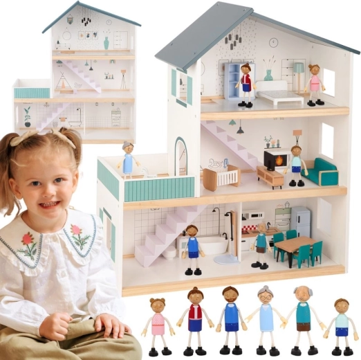 Houten poppenhuis met figuren TOOKY TOY, 3 verdiepingen, FSC