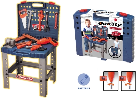 Children’s suitcase workshop table with tools and electric drill