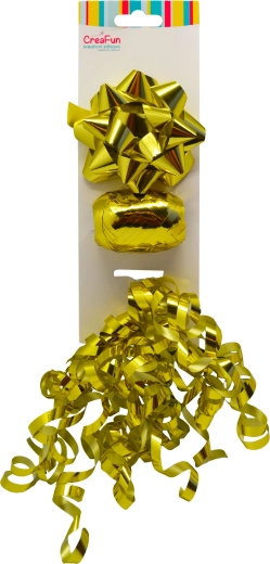 Coffret cadeau métallique doré – nœud 9 cm, ruban 10 m, petit nœud 6 mm (3 pcs)