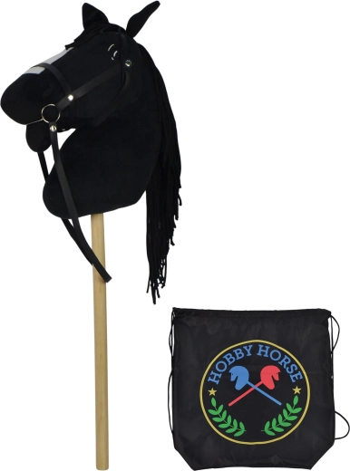 Schwarzes Steckenpferd mit Geräuschen und Rucksack 73 cm
