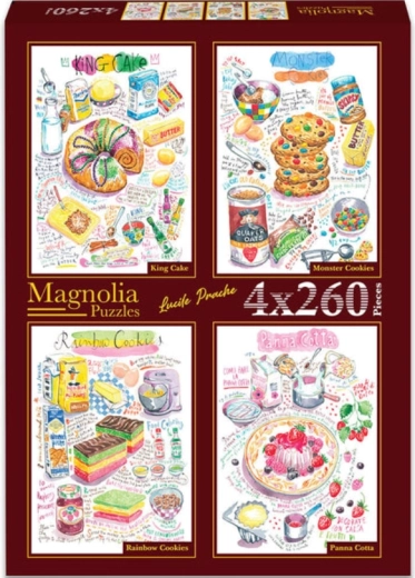 Magnolia puzzelset – tulbandcake, monstercookies, regenboogkoekjes en panna cotta 4×260 stukjes