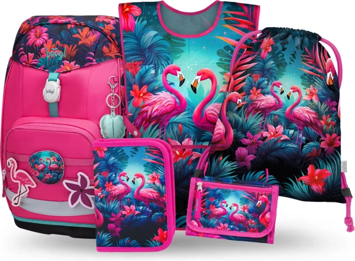 School set BAAGL Airy Plus Flamingos – backpack, pencil case, shoe bag, apron and wallet